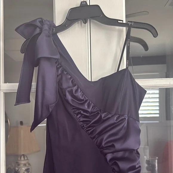 Faviana Blue One Shoulder bow Ruffled Gown - Picture 3 of 4